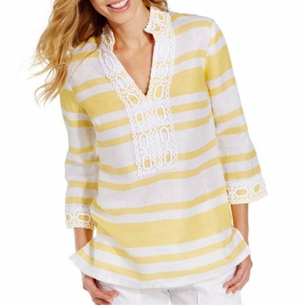 Charter Club NWT 100% Linen Tunic Top Yellow White Stripe Lace Trim V Neck Sz 2X